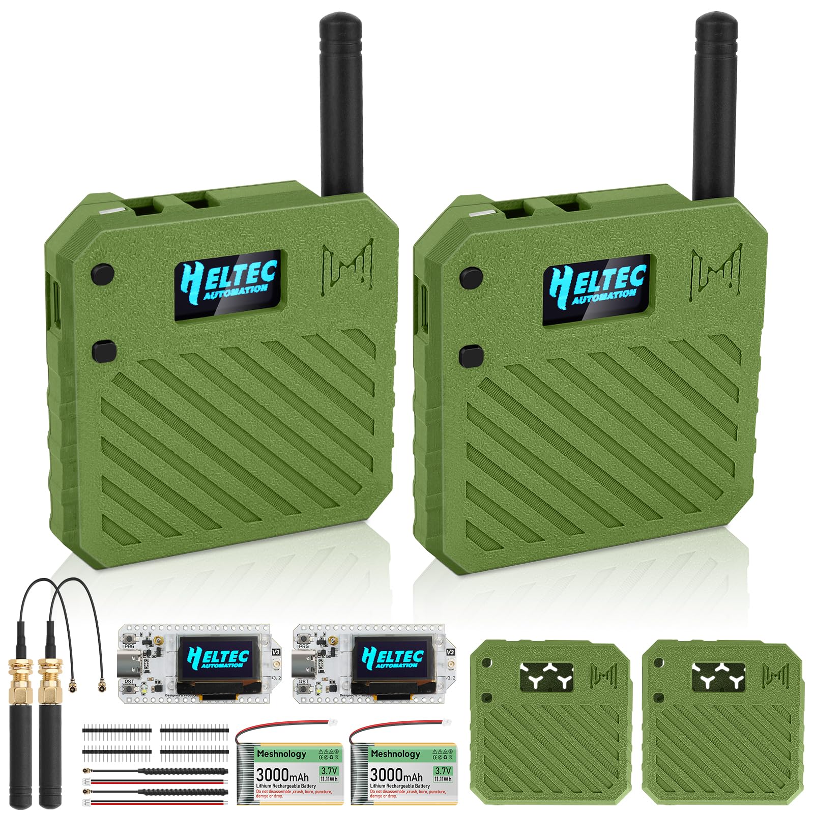 2Pack ESP32 LoRa V3 Entwicklungsboard + 3,7 V 3000 mAh Akku + Gehäuseset – mit 863-928 MHz Meshtastic Antenne und SMA Unterstützt WLAN/Bluetooth LoRa V3 Geräte für AR duino LoRawan IoT (N33,Grün)