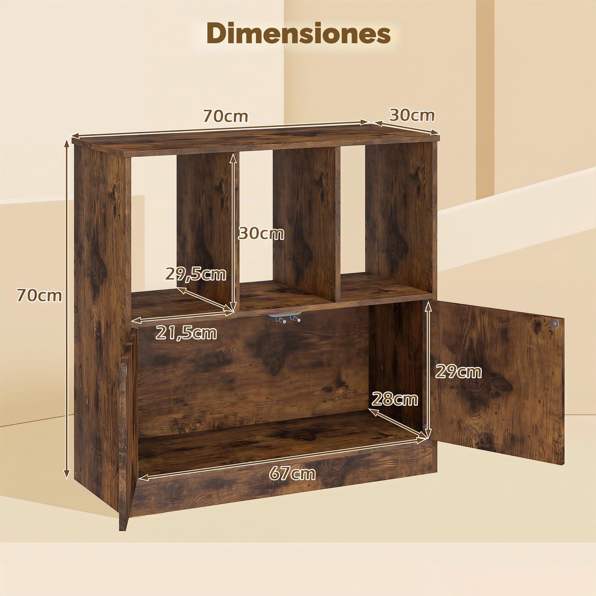 KOMFOTTEU Librería con 3 Compartimentos Abiertos, Estantería para Libros con Armario de Puertas, Mueble de Almacenamiento con Dispositivo Antivuelco para Salón, Oficina, 70 x 30 x 70 cm (Marrón)