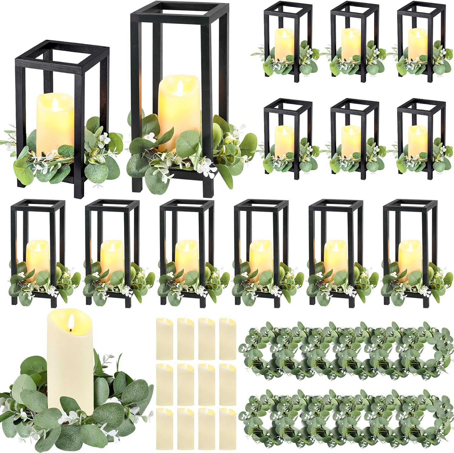 geelin 12 set wooden lanterns for wedding centerpieces include 12 wooden lantern 12 led candle 12 eucalyptus leaves wreath for wedding baby shower farmhouse table decor(10.59'', 13'',black)
