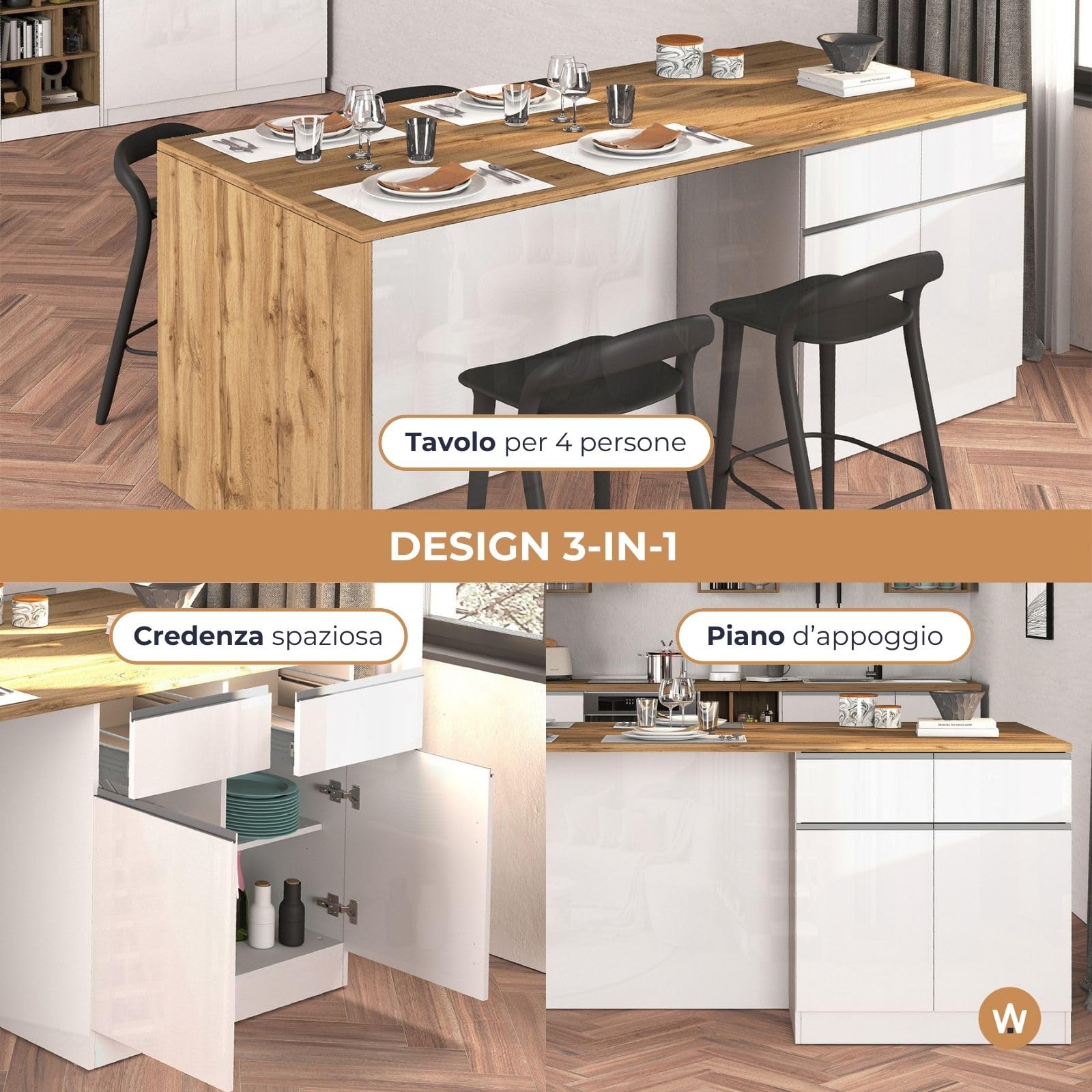 WHOUS Isola Cucina SOLE con 4 Ante e 4 Cassetti, Tavolo da Pranzo e Piano di Lavoro, Ideale per Open Space e Spazi Ridotti, 200x90x90 cm, Bianco Lucido e Rovere