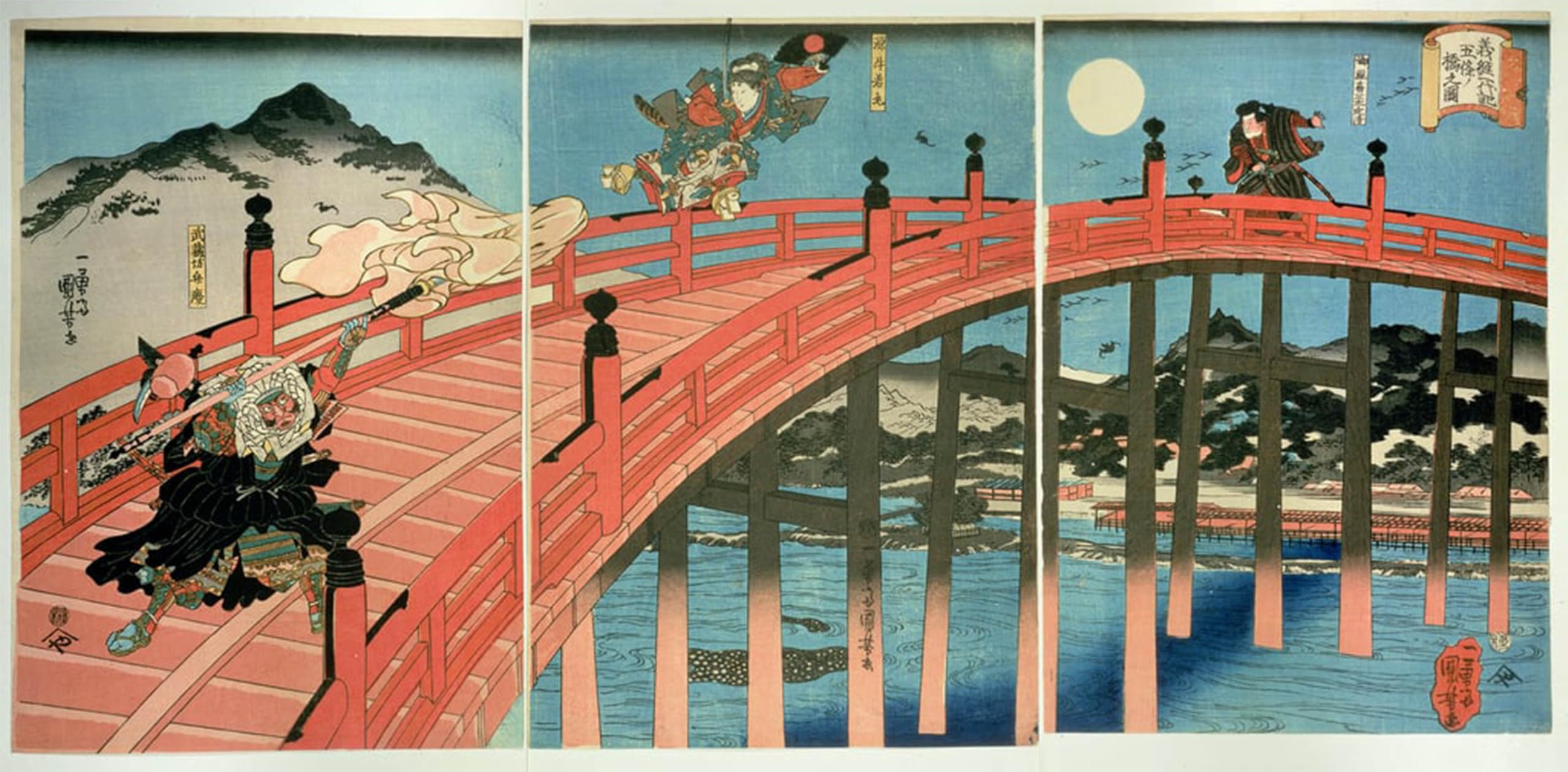 SERENDIPITP Vintage Wall Art Canvas Nordic Poster Canvas Print Picture Ushiwaka and Benkei Fighting on Gojo Bridge Published by Utagawa Kuniyoshi Wall Art Poster for Home Decor 60x90cm