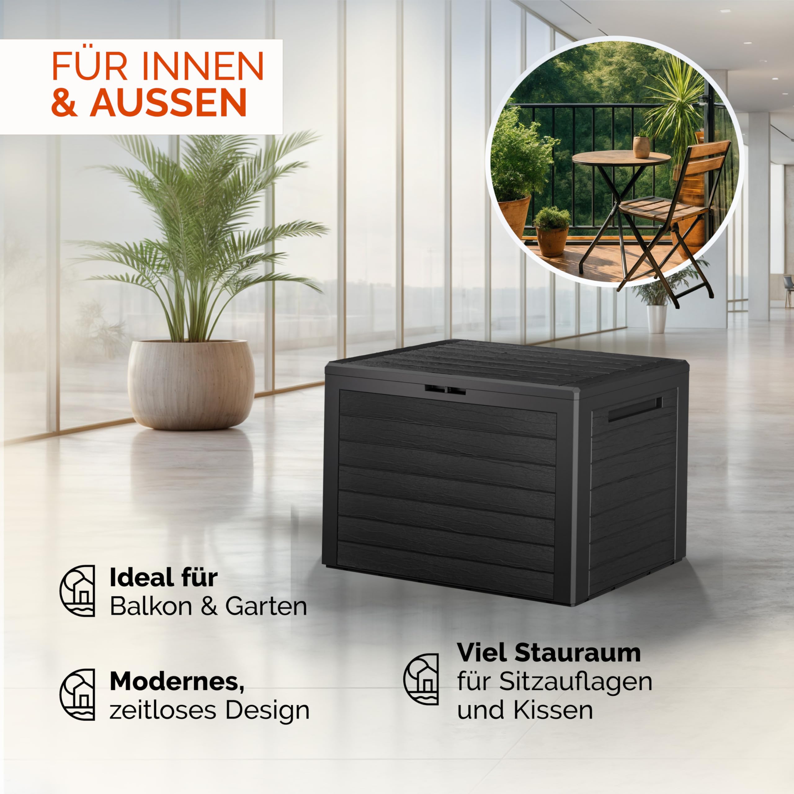Casaria® Gartenbox 190L UV-beständig Griffmulden Verschlussvorrichtung Balkon Terrasse Wohnzimmer Wintergarten Kissenbox 78x44cm Holz-Optik Anthrazit