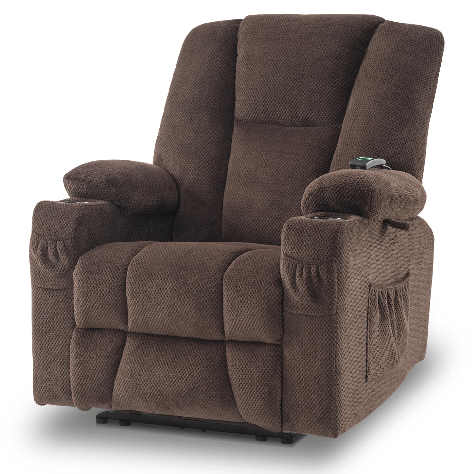 MCombo Fabric Electric Power Recliner Chair with Heat and Vibration, Cup Holders, USB Ports, Extended Footrest, Cloth Powered Reclining for Living Room 8015 (Dark Brown)