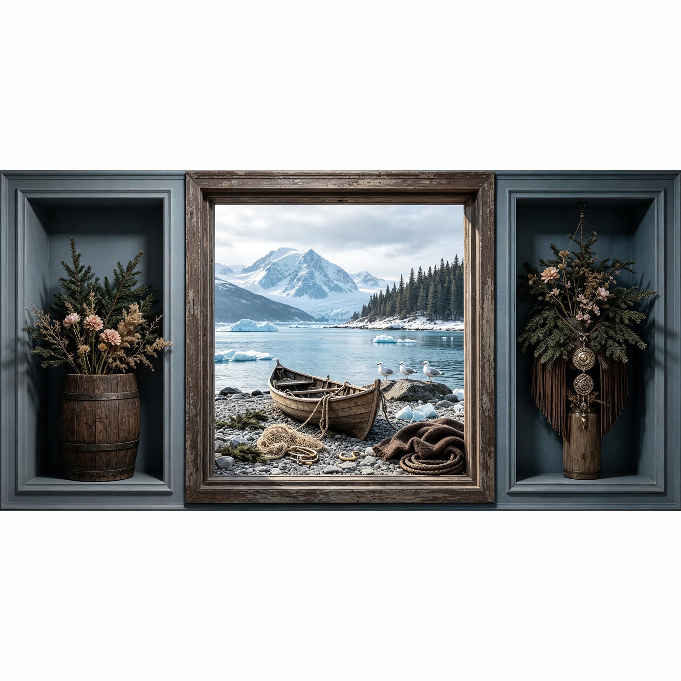 QZLITHOTIC 50x100cm 3D Framed Wall Art， Snowy Mountain Lake Boat Coastal Landscape SelfAdhesive Mural， Water‑Activated Peel & Stick Fabric Decor Wall Decal for Bedroom Living Room