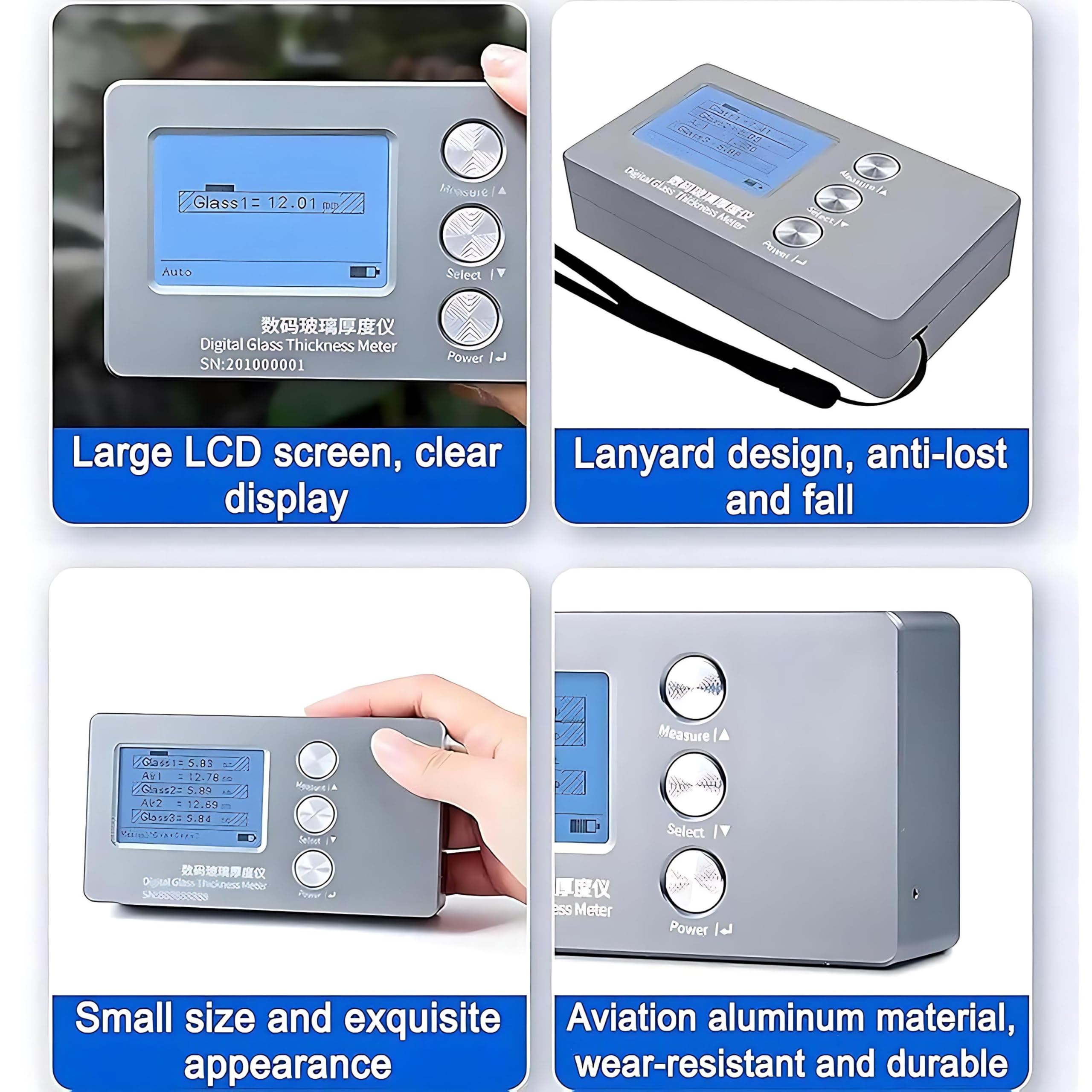 Misuratore Digitale per Doppio/Triplo Vetro, Rileva con Precisione 0,1mm Spessore Cristallo e Distanza d'Aria, Display LCD, Strumento Affidabile per Controlli qualità in Industria Vetraria