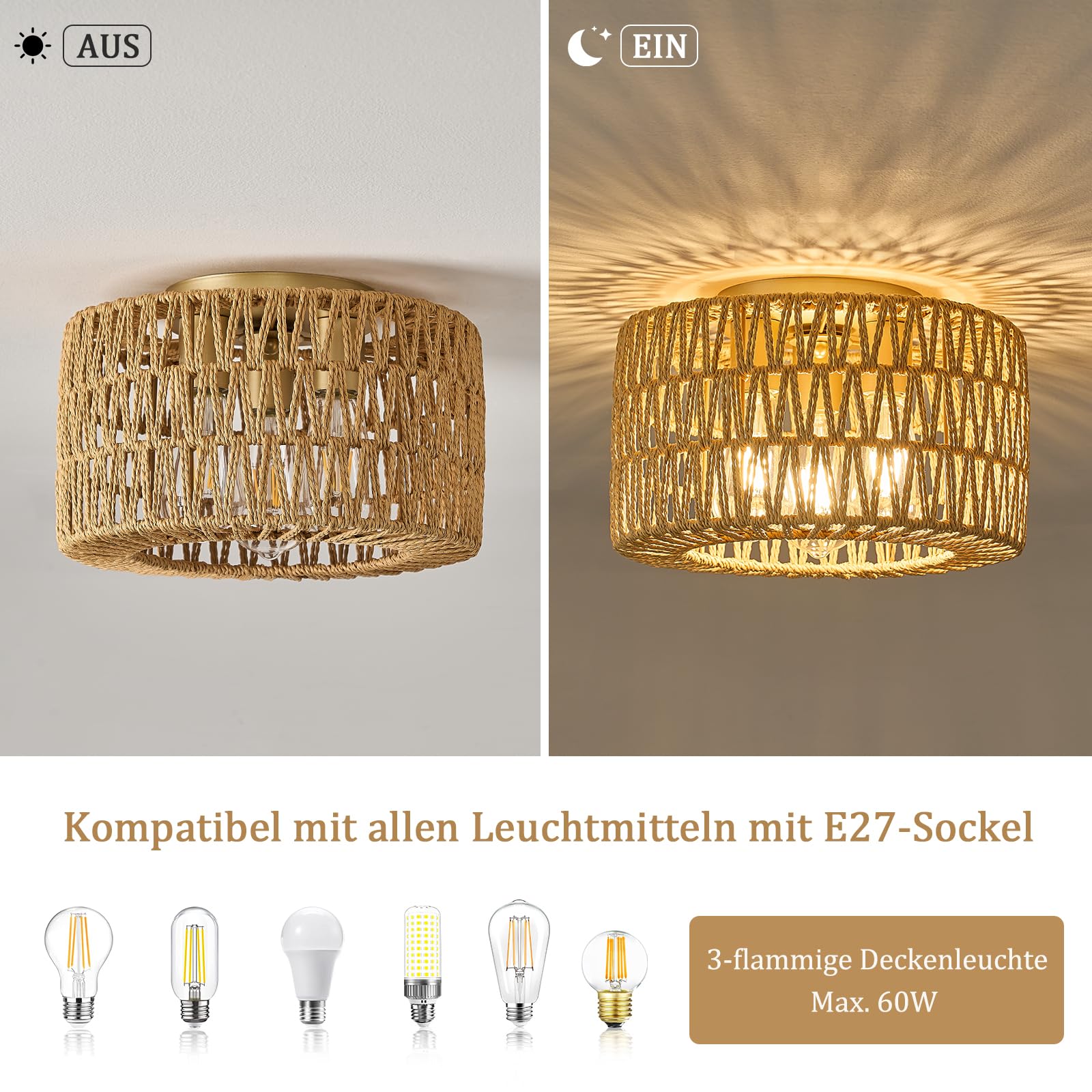 Qamra Deckenleuchte Boho Gold,3-flammige Rund Rattan Lampenschirm,Deckenlampe Rustikal Vintage E27, ohne Leuchtmittel,32cm für Schlafzimmer Wohnzimmer Esszimmer Küche Flur