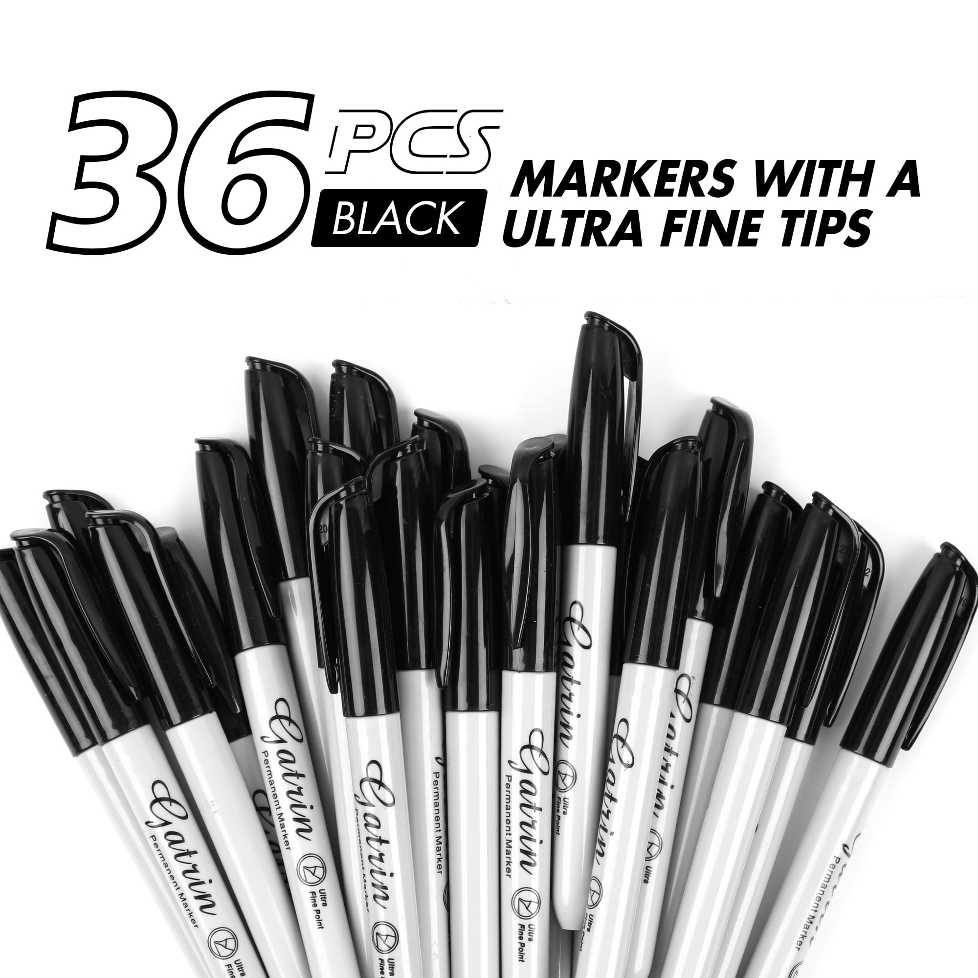 36 Black Fine Point Permanent Markers - Waterproof For Plastic, Metal, Glass