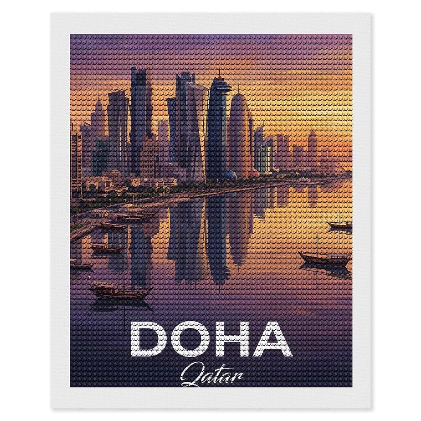 Junmoney Doha, Qatar Skyline at Sunset DIY Diamond Art Canvas Kit 16"x20", for Teens, Finish and Display, Holiday Gift Idea, Vintage Style Decor