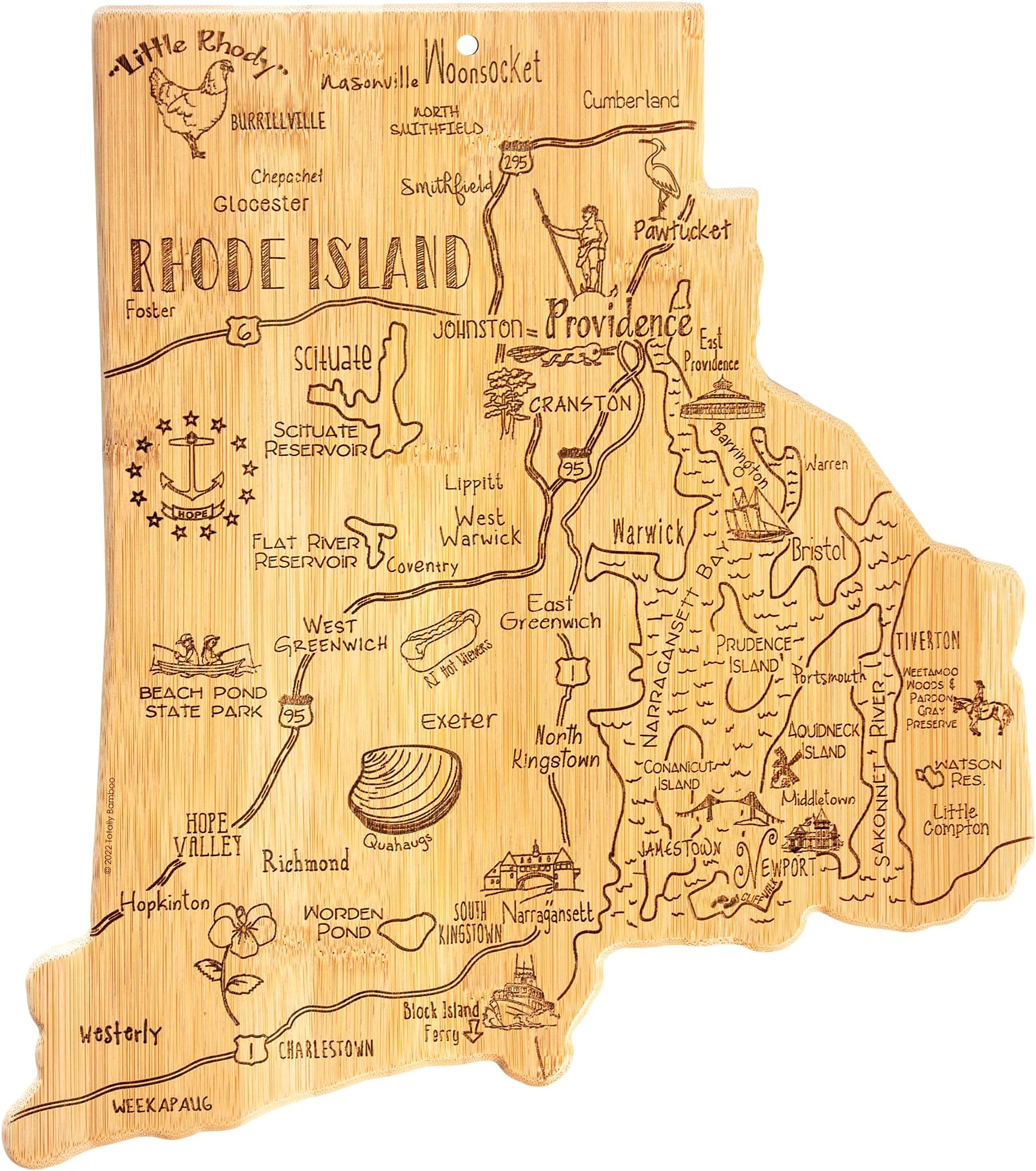 Destination Rhode Island State Shaped Serving and Cutting Board, Includes Hang Tie for Wall Display