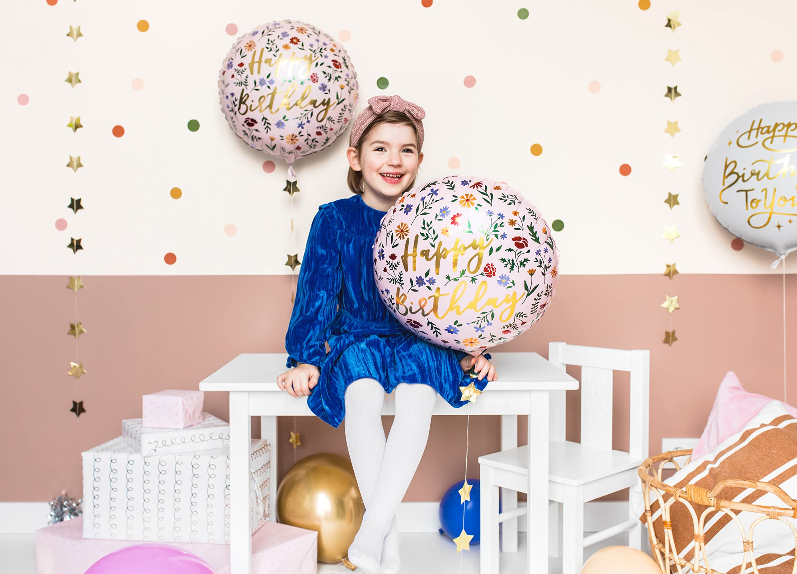 Folienballon Happy Birthday Blumen – Ballon Geburtstag Mädchen Frauen | Luftballon Geburtstag mit goldener Schrift – Dekoballon, Geschenk für Mädchen, Frauen, Mama & Freundin