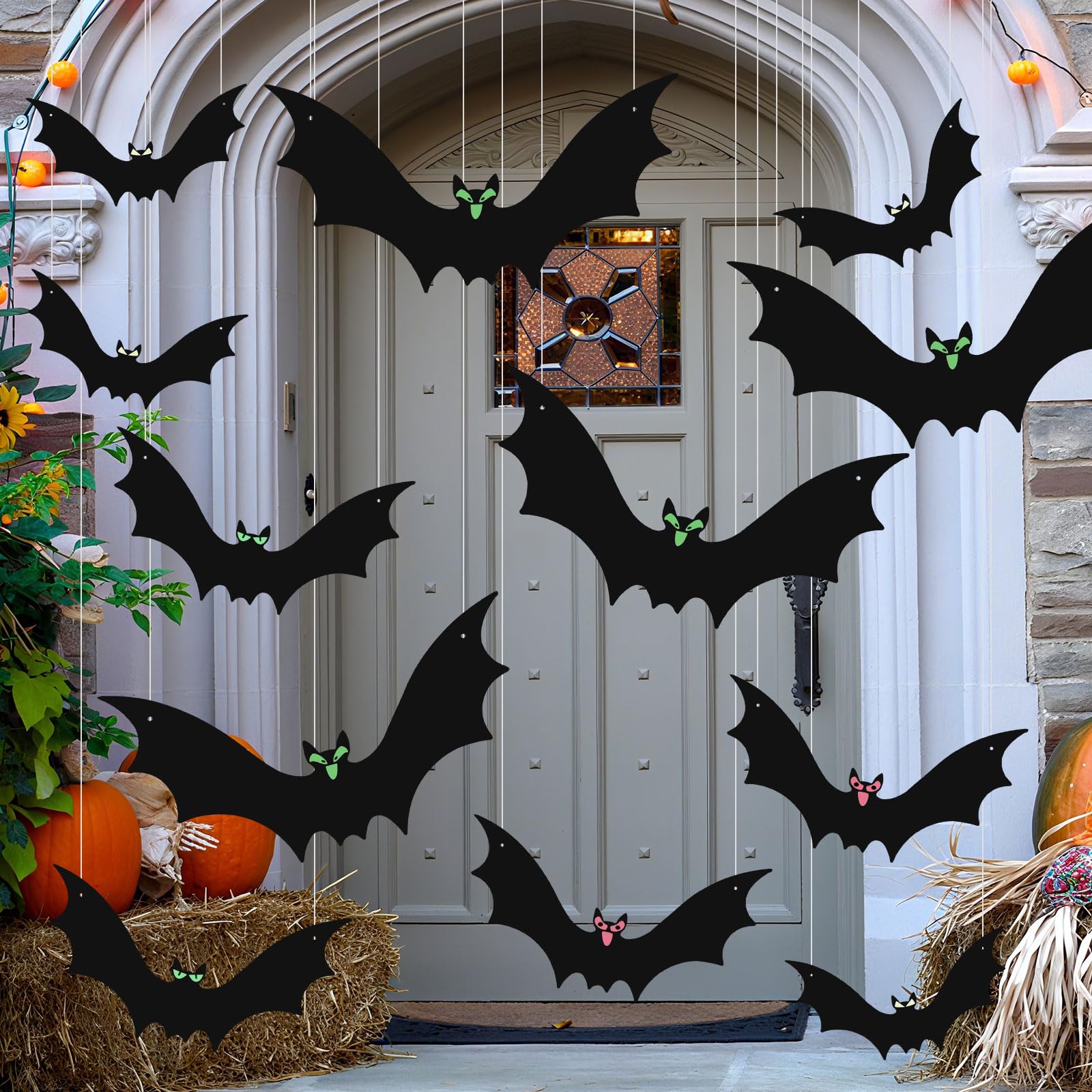 12 Pcs Hanging Bats Halloween Decorations Outdoor - Waterproof Hanging Black Bat with Glowing Eye Stickers, Large Flying Plastic Bats Decoration for the Tree, Porch, Yard, Lawn, Indoor