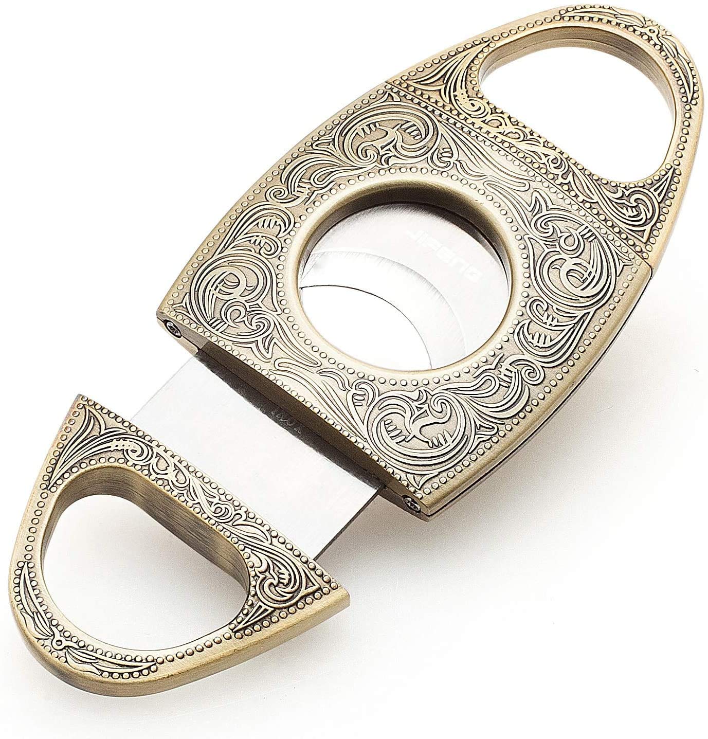 Zirro Cigar Cutter Double Blade Guillotine Cigar Cutter V-Shaped Bronze Floral Carved Sharp Krupp Stainless Steel Cigar Cutter -Portable Cigar Tools (Gold)