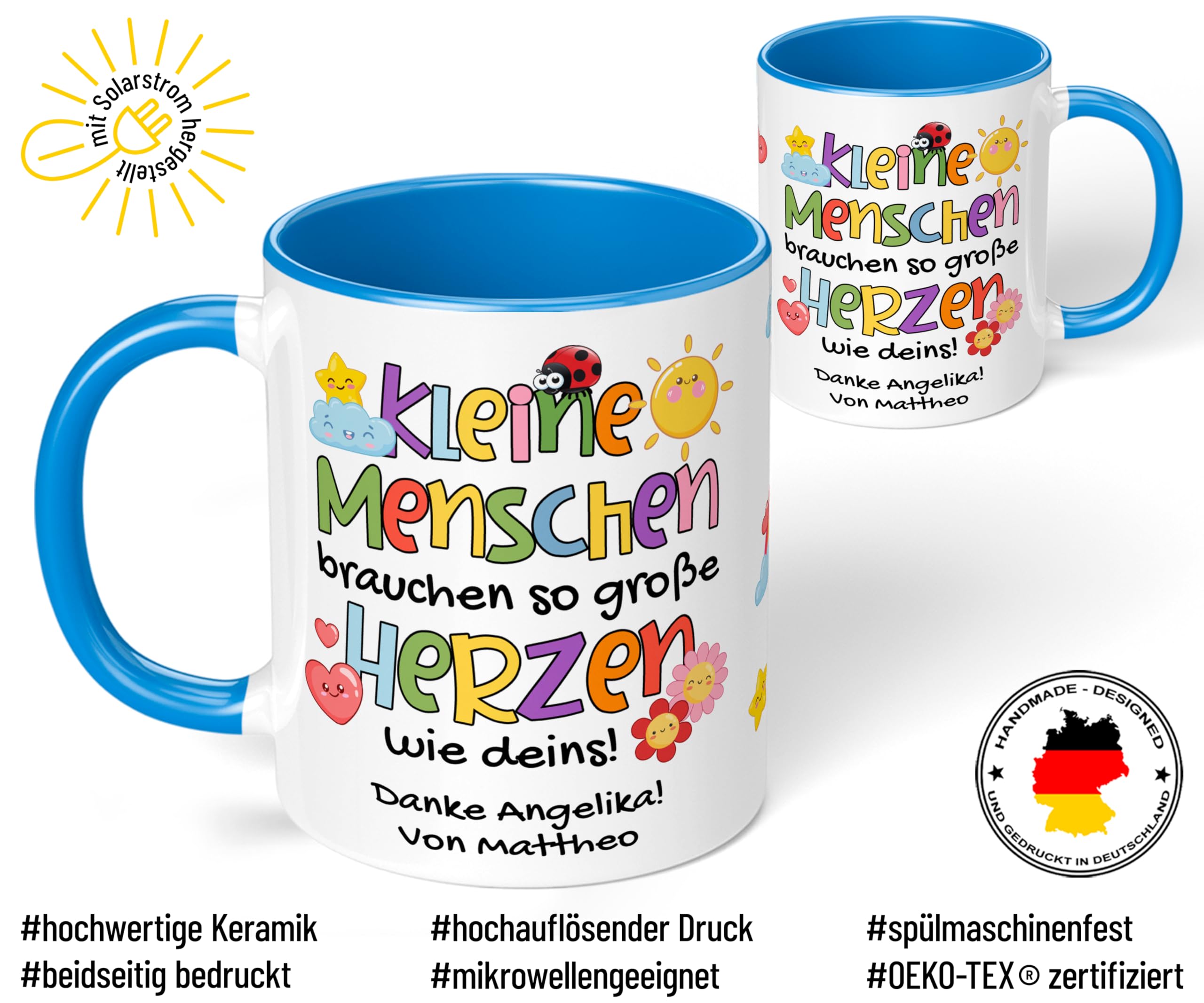 Kita Abschiedsgeschenk für Erzieher: Keramiktasse personalisiert mit Wunschtext „Kleine Menschen brauchen so große Herzen wie deins!“ - Dankeschön Kindergarten Krippe, 330ml (Cambridge Blau)