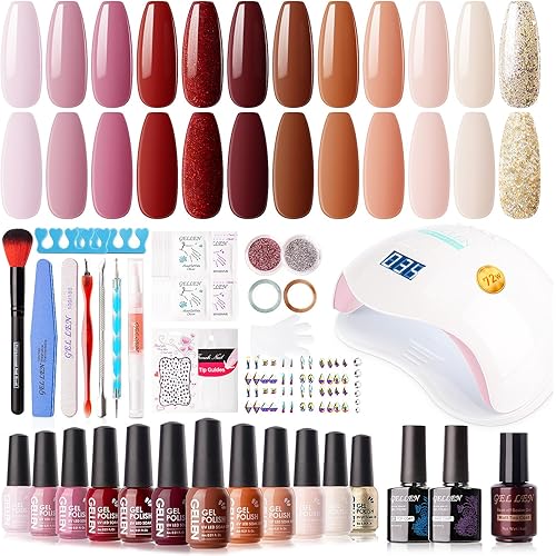 Gellen Gel Nail Polish Kit with U V LED Light 72W Nail Dryer, Fall Winter Red Burgundy Nude Pink Gel Polish Kit 12 Colors, No Wipe Top Base Coat, Nail Art Decorations, Manicure Tools