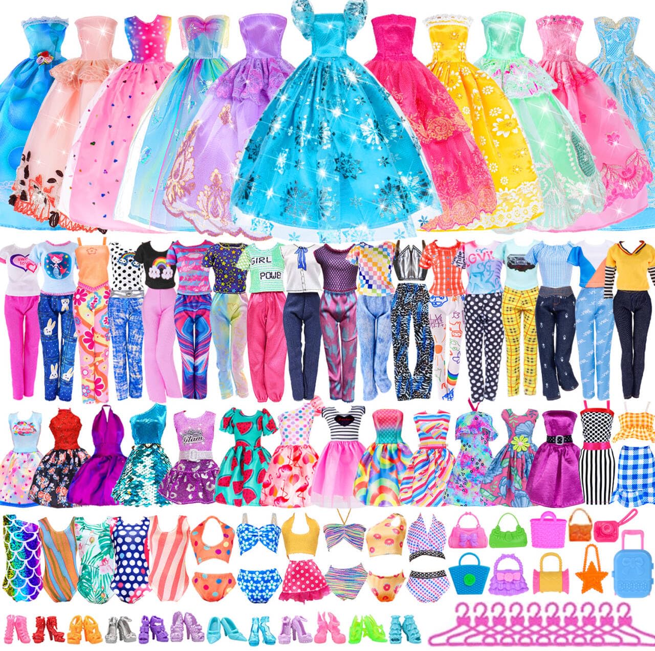 49 Piece Doll Clothes and Accessory Set for 11.5 Inch Girl Dolls Includes 3 Long Dresses, 4 Tops, 4 Trousers, 3 Bikinis, 5 Short Dresses, 10 Shoes, 10 Handbags, 10 Hangers