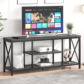 FOLUBAN Modern TV Stand for TV up to 65 Inch, Rustic Wood Entertainment Center with Storage Shelves, Industrial Media TV Console and TV Table for Living Room Bedroom, 55 Inch Dark Gray