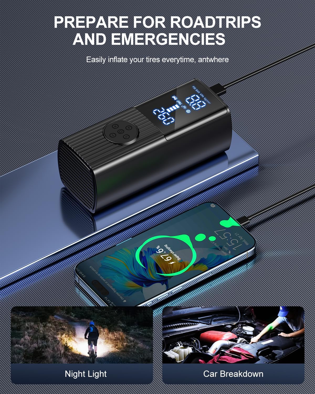 Tire Inflator Portable Air Compressor, 180PSI Cordless Air Pump with Digital Gauge, LED Light and Auto Shut-Off Function, 3X Faster Air Compressor for Car, Motorcycle, Bicycle, Ball - Image 6