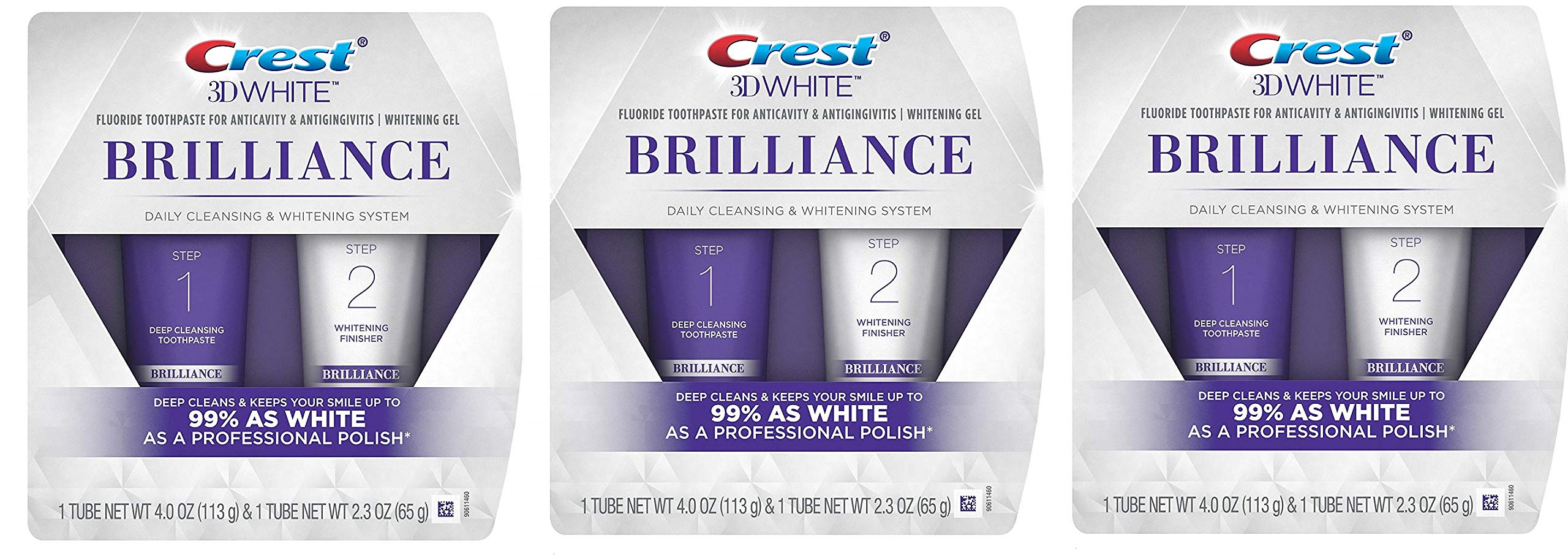 Crest 3D White Brilliance Toothpaste and Whitening 3-Pack Gel System, Includes 4.0oz and 2.3oz