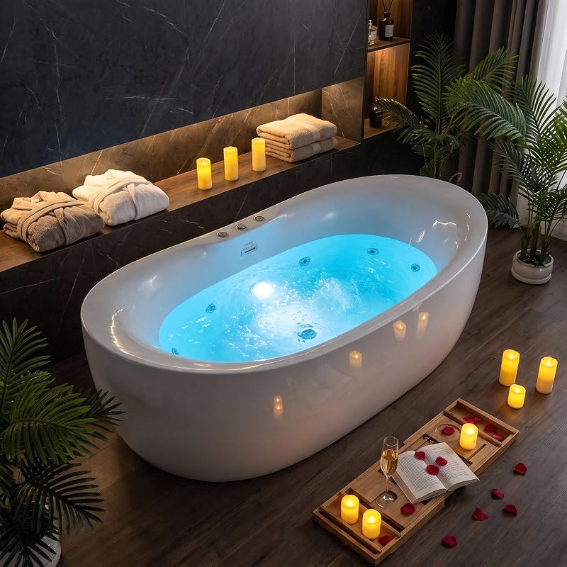 Bañera de hidromasaje y bañera de hidromasaje independiente de 71" - Bañera de hidromasaje | con chorros de burbujas de aire, luz LED, función de remojo e hidroterapia, bañera de masaje independiente para spa en el hogar