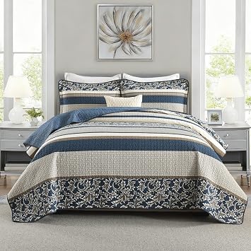 SahSahCasa Quilt Set Queen Size, 100% Cotton, Queen Comforter Set, Striped Quilted Bedspreads, Farmhouse Queen Bedding Set, Reversible Lightweight Bed Spread for All Season, Blue/Khaki/Gray, 3pcs