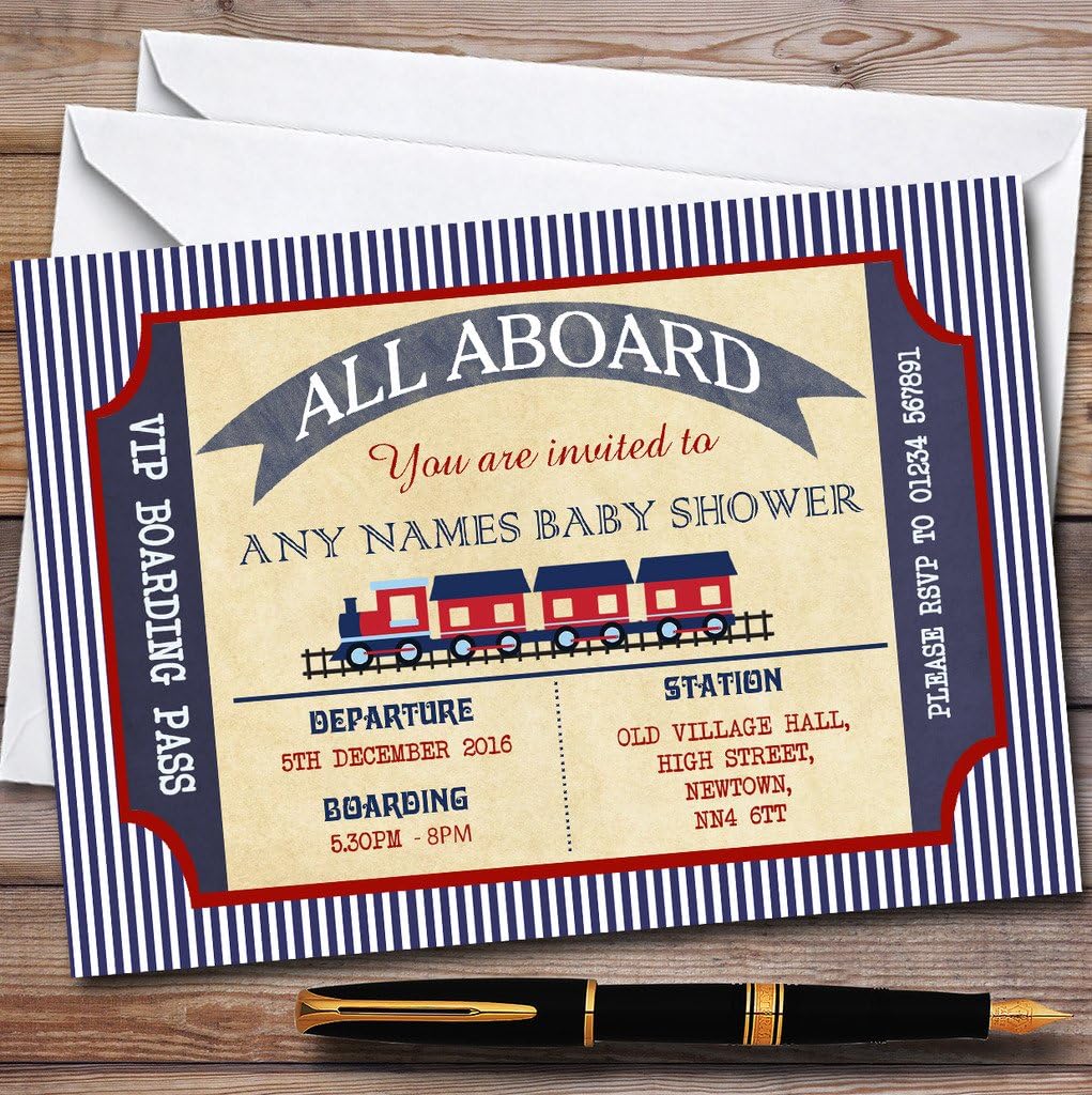 Blue & Red Boarding Pass Train Invitations Baby Shower Invitations