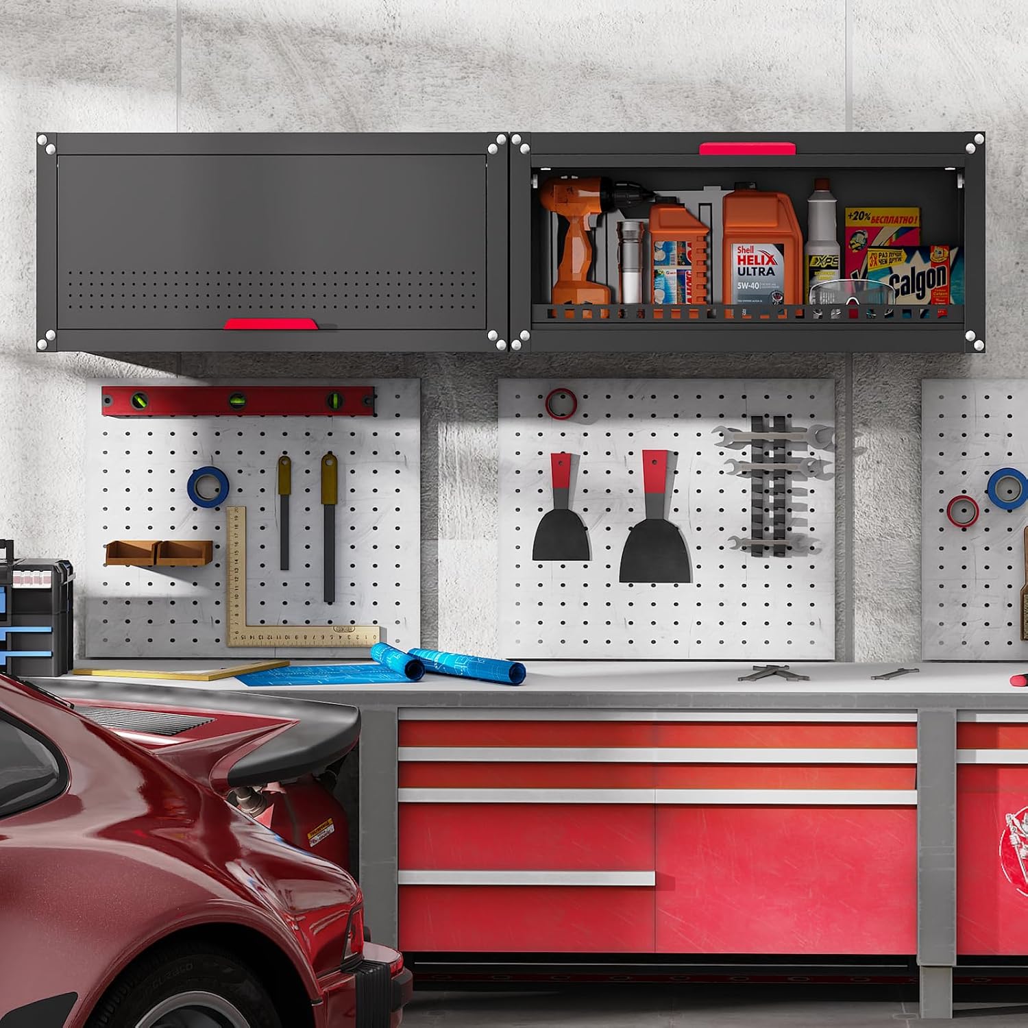 Kelueo 31.5" Metal Wall Cabinet,Heavy Duty Garage Wall Cabinet with Up-Flip Door,120 lbs Capacity Wall Mounted Tool Organizer for Basement,Kitchen,Warehouse Assembly Required