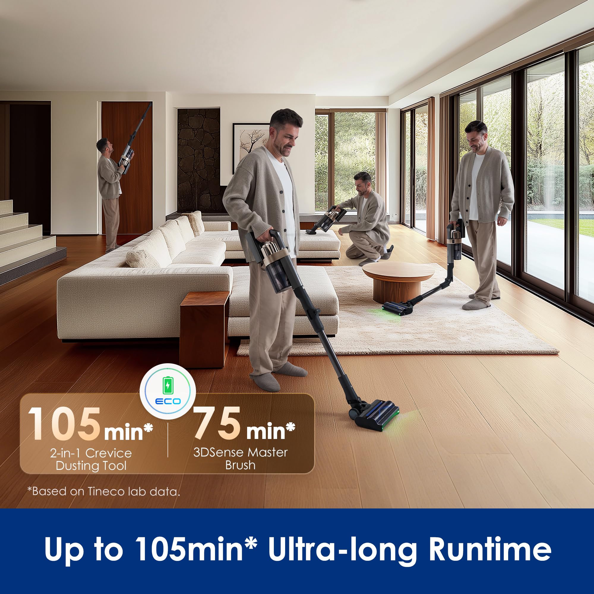 Tineco PURE ONE A90S Bezprzewodowy Odkurzacz Pionowy, Moc Ssania 270AW, Szczotka 3DSense Master, Wykrywanie Krawędzi, do 105 min Pracy, Zielone Światło LED 150°, na Sierść Zwierząt i Dywany | System SmartLift, zielone światło LED, bardzo długi czas pracy