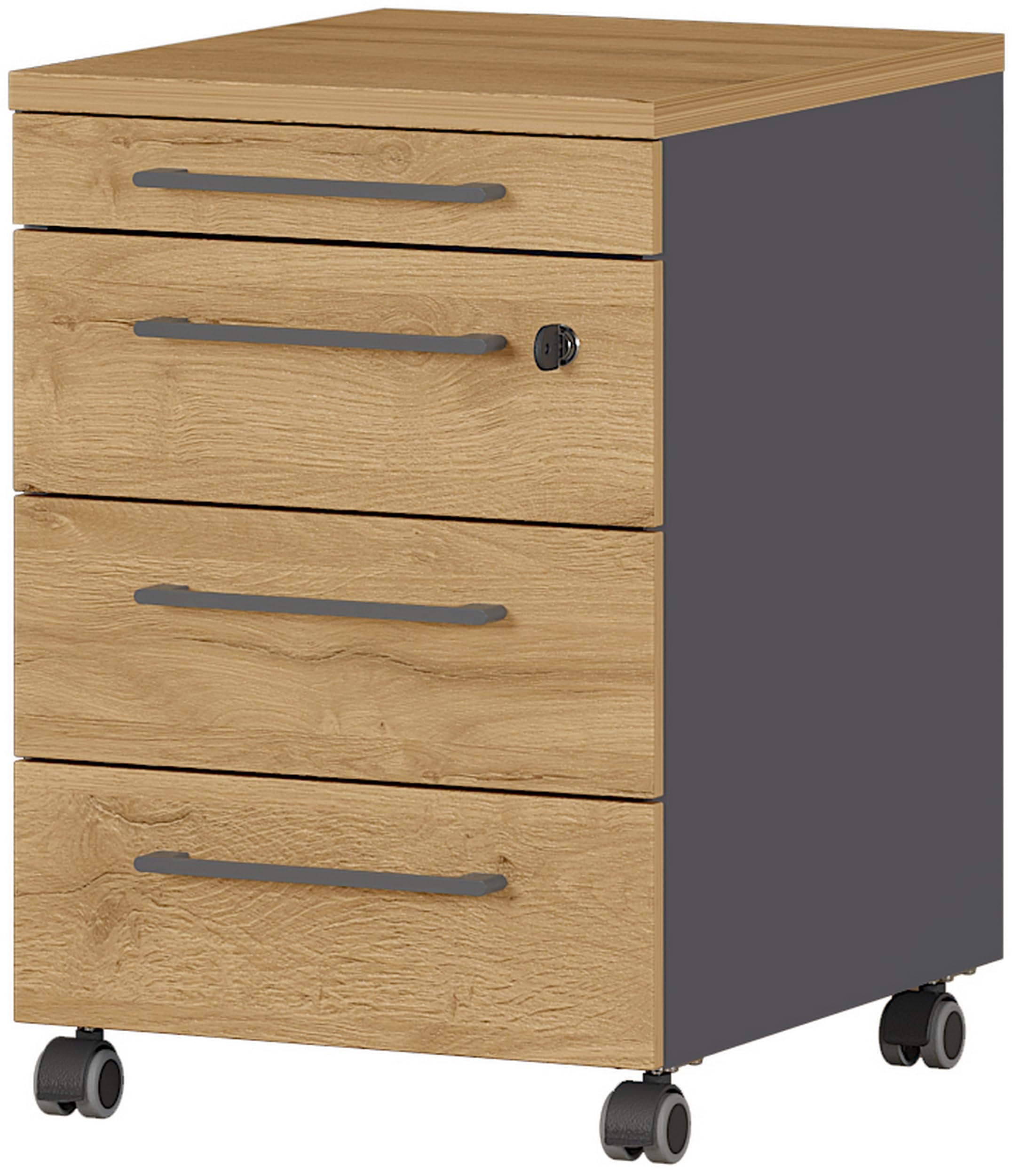 bümö Andratx Rollcontainer mit Schubladen, Container abschließbar aus Holz in Graphit-Eiche - Rollwagen für's Büro als Schreibtisch Unterschrank, Bürocontainer od. Schreibtischcontainer