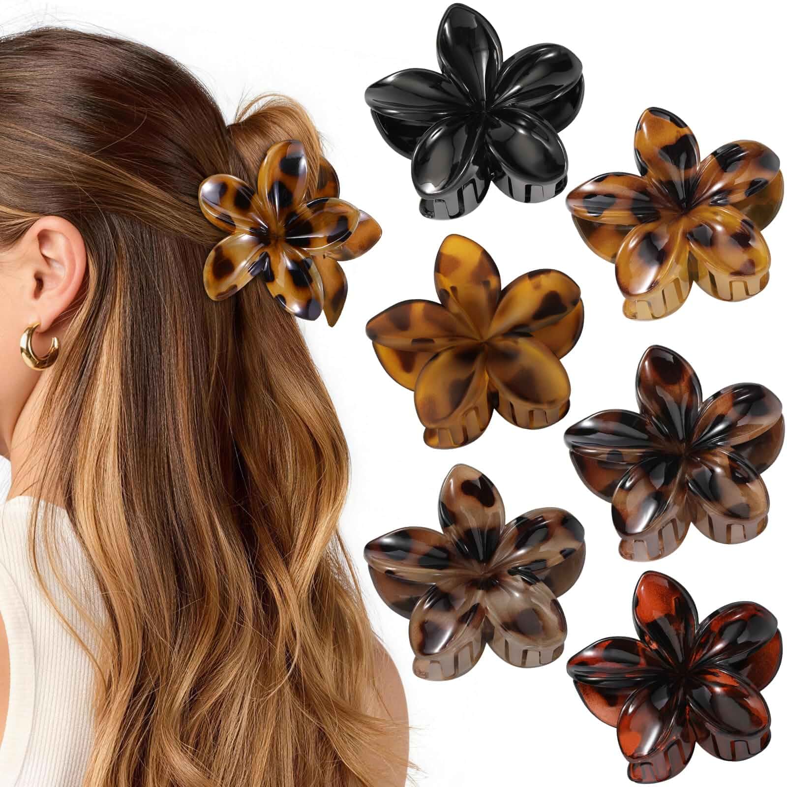 6 PCS Tortoise Flower Hair Clips for Women Girls, Large Hawaiian Flower Claw Clips for Thick Hair, Big Plumeria Jaw Clips, Strong Hold Non Slip Hair Accessories, Tortoise, Black Floral