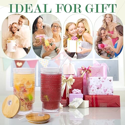 Miniatura 7 de Vasos de vidrio de 16 onzas con tapas y pajitas, cristalería vintage en relieve para whisky, cóctel, cerveza, taza de café helado con tapa, vaso de