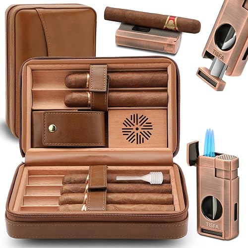 TISFA Cigar Humidor, Leather Cedar Wood Cigar Case with Cigar