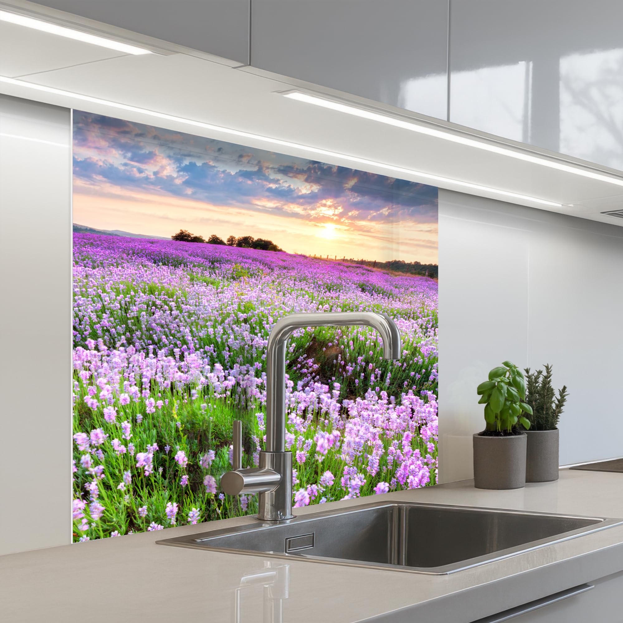KitchenYeah© Splashback for kitchen 32"x32" / 80x80 cm self-adhesive Sink Splash Splatter Guard Splashbacks Walls Flowers - Lavender - Purple - Sky - Sunset - Meadow - Nature