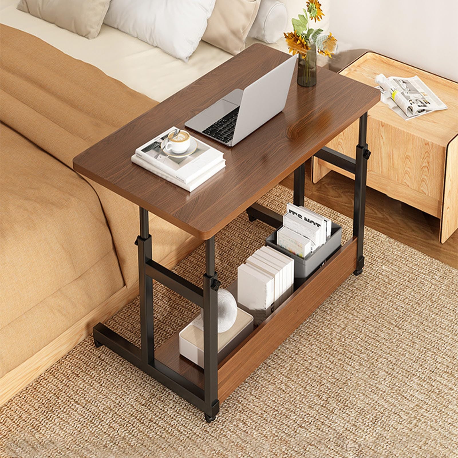 Mesa auxiliar móvil con ruedas, mesas auxiliares de 2 niveles, 50 cm de ancho, altura ajustable de 63 a 85 cm, marco de metal, mesas de sofá para laptop, aperitivos, libros