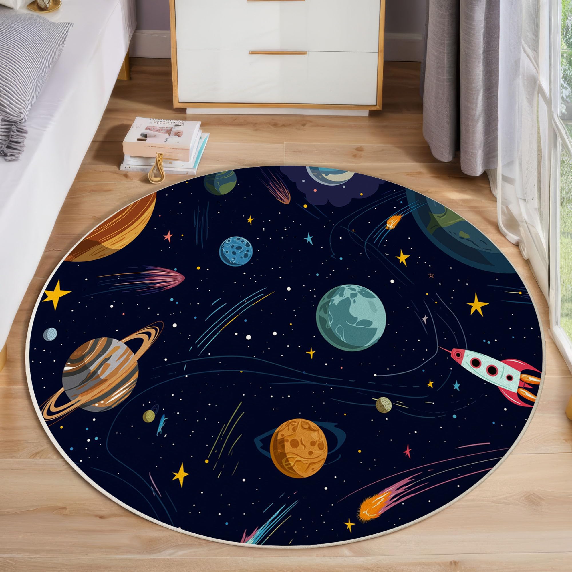Cartoon-Weltraum-Hintergrund Maschinenwaschbarer Runder Teppich–Weich Pflegeleicht Mit Planet Raketenmuster Print-Muster, Anti-Rutsch Teppich Für Wohnzimmer Und Küche,100Cm,Dunkelblau