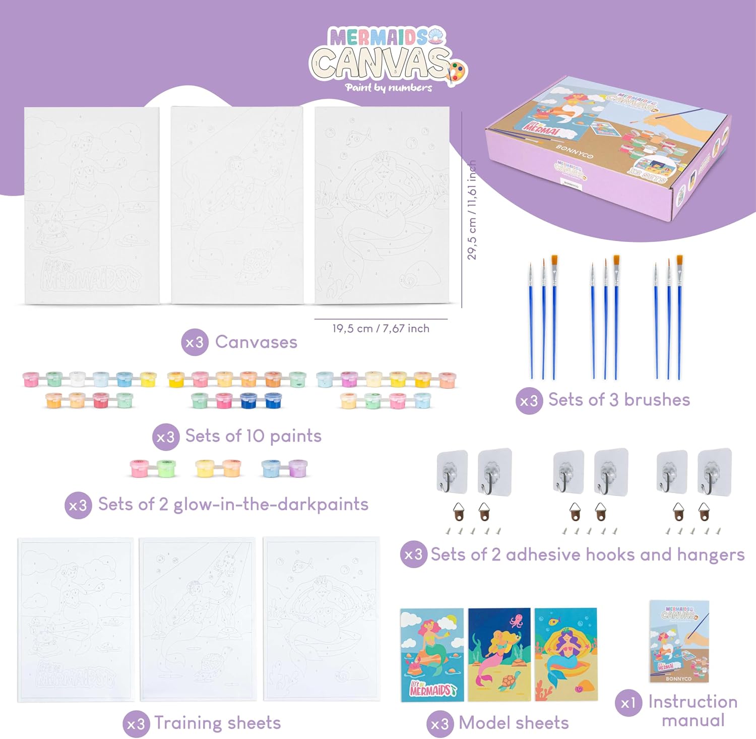 BONNYCO Paint by Numbers Kit for Kids Mermaid Pack 3 Canvas. Paint by Number Canvas Framed Pre Drawn, Mermaid Gifts for Girls Painting. Arts and Kids Crafts 4-6 8-12, Pintar por Numeros Niñas | Paintings to Paint by Numbers of Mermaids. Kids Toy Ideas, Gifts for Girls. Creative Paint by Numbers Set