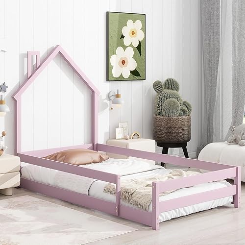 Miniatura 1 de Dolonm Base de cama de suelo de tamaño individual para niños, moderna cama con cabecera en forma de casa con vallas, cama Montessori de madera de
