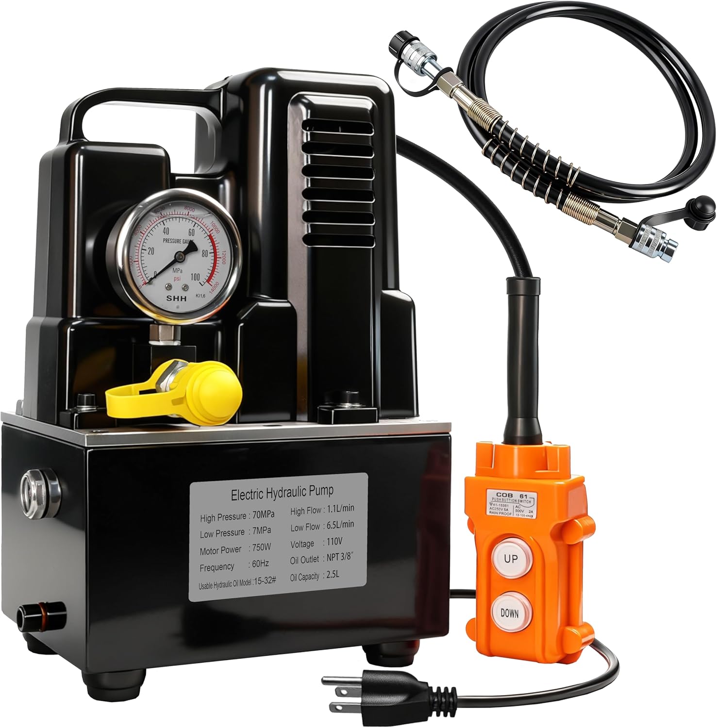 Electric Hydraulic Pump 10,000 PSI, 750W, 110V, 0.8 US Gal Capacity, 6.5 ft Oil Pipe, Single Acting Solenoid Valve, Hydraulic Driven Pump Power with Handheld Switch for Punching/Bending/Jack