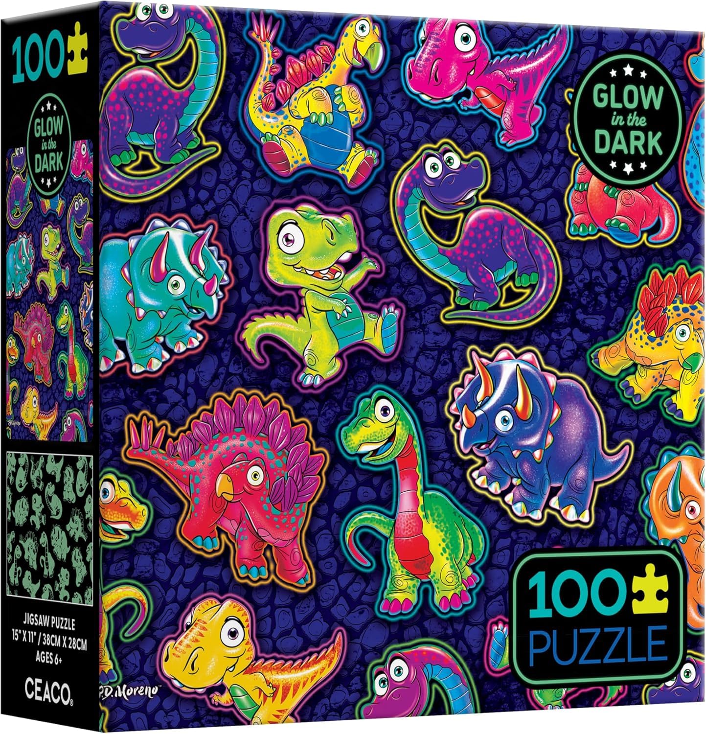 Ceaco - Glow in The Dark - Dinosaur Sticker Collage - 100 Piece Jigsaw Puzzle