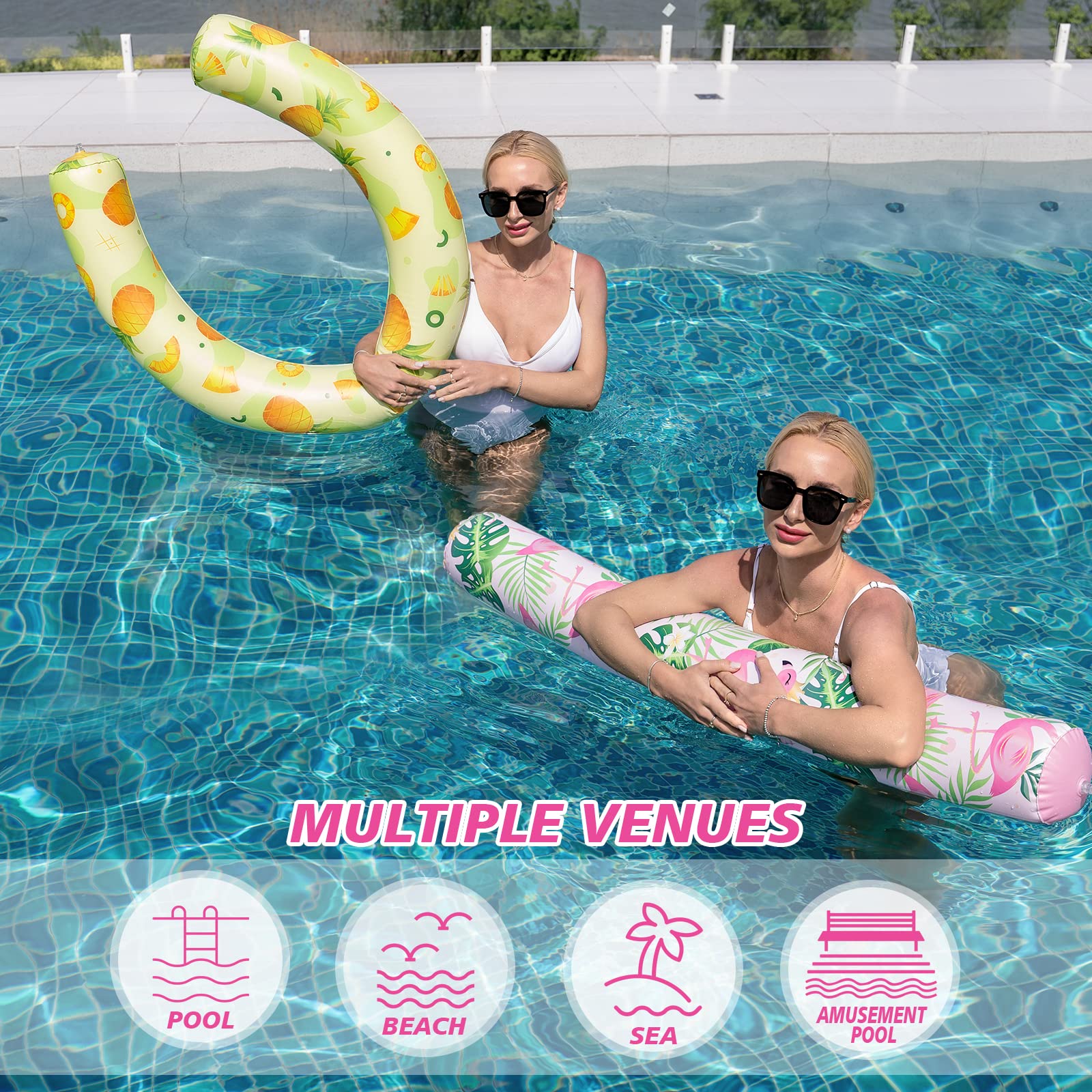 Aufblasbares Schwimmnudel-Set – 2 Stück Pool-Nudeln für Erwachsene, Poolnudeln, rosa gelb, gebogen, Schwimmbad-Schwimmer für Sommer, Urlaub, Meer, Strand, See, Übungsparty (Flamingo und Ananas)