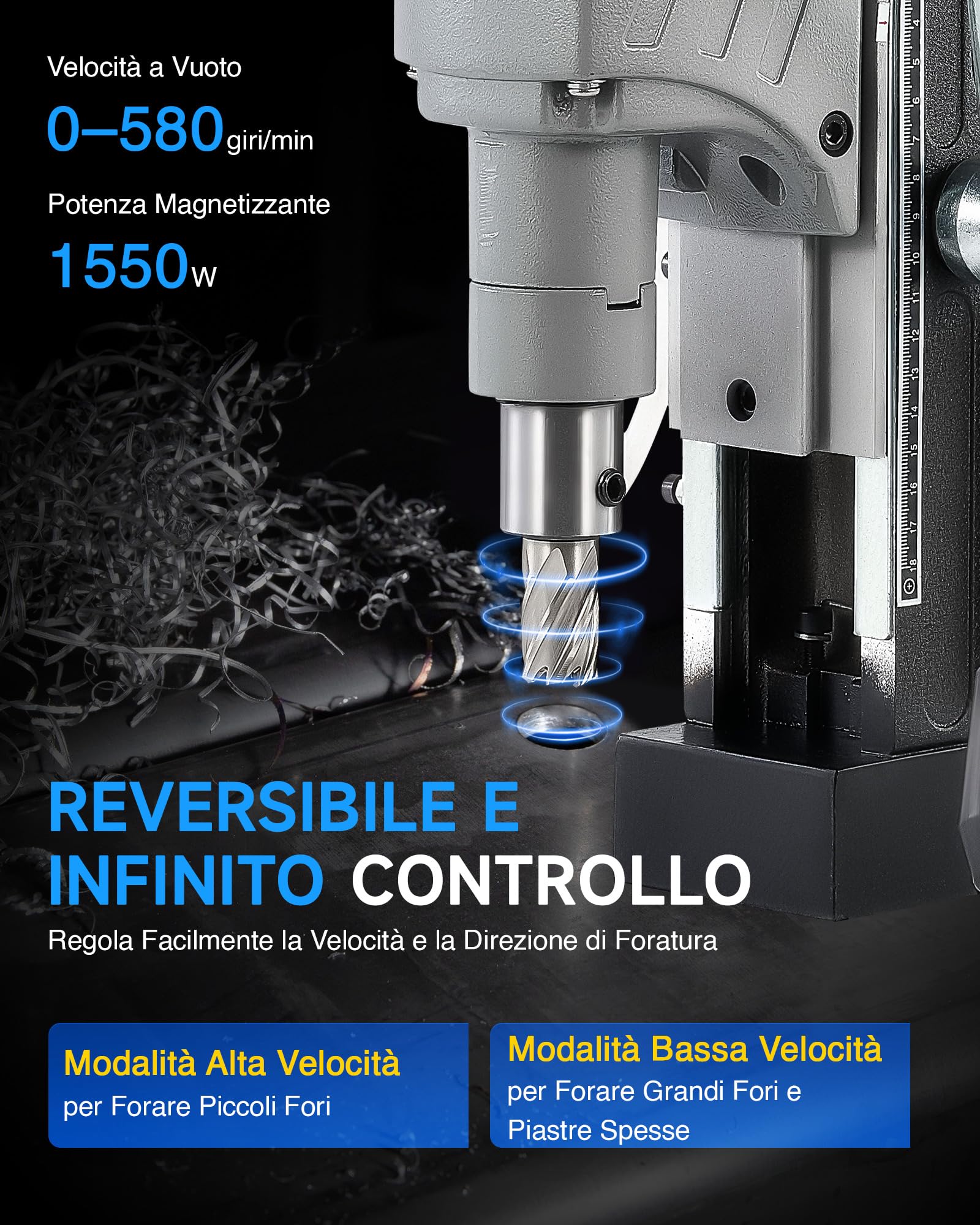 ZELCAN 1550W Trapano a Colonna Magnetico con 11 Punte 13000N Trapano Magnetico a Foratura di 50mm Corsa di 23cm 580 rpm Controllo Reversibile Velocità Continuo per Superfici Metalliche