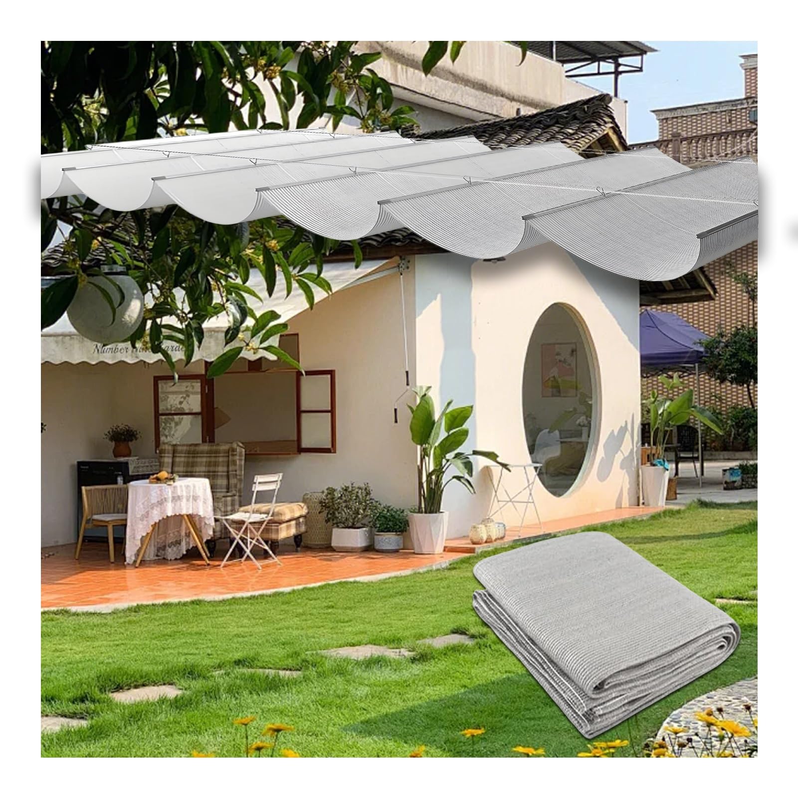 Einziehbares Sonnensegel mit Wellenmuster, Ersatz-Sonnenschutz für Terrassenmarkisen, Pergola-Sonnenschutz, einziehbares Sonnensegel mit Gleitseil und aufschiebbarer Drahtseilbefestigung (B1 Garten
