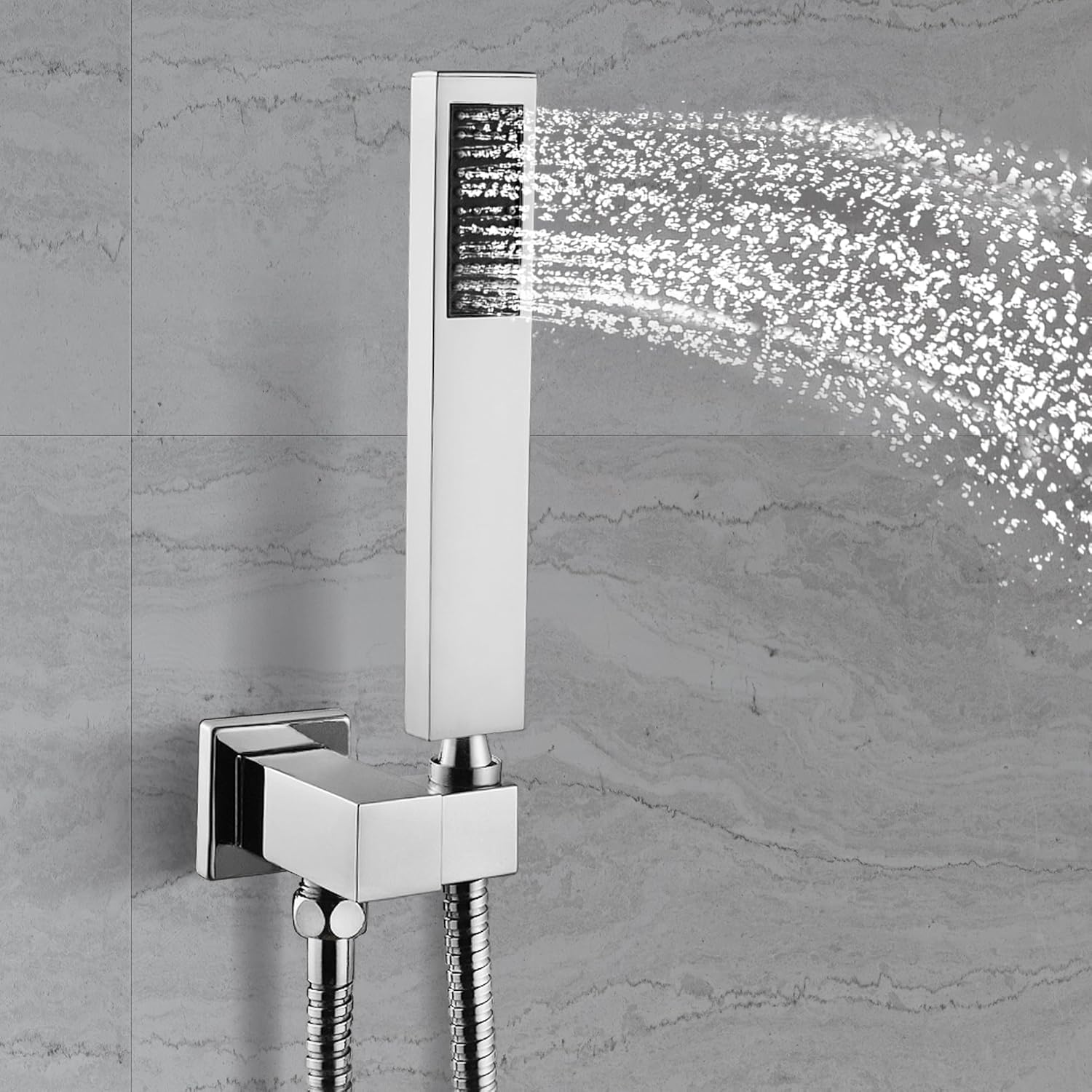 SKOWLL Chrome Handheld Shower Head, Brass High Pressure Hand Held Shower Wand Wall Mount 8 Inch Square Hand Shower Head with Shower Holder and Hose Set