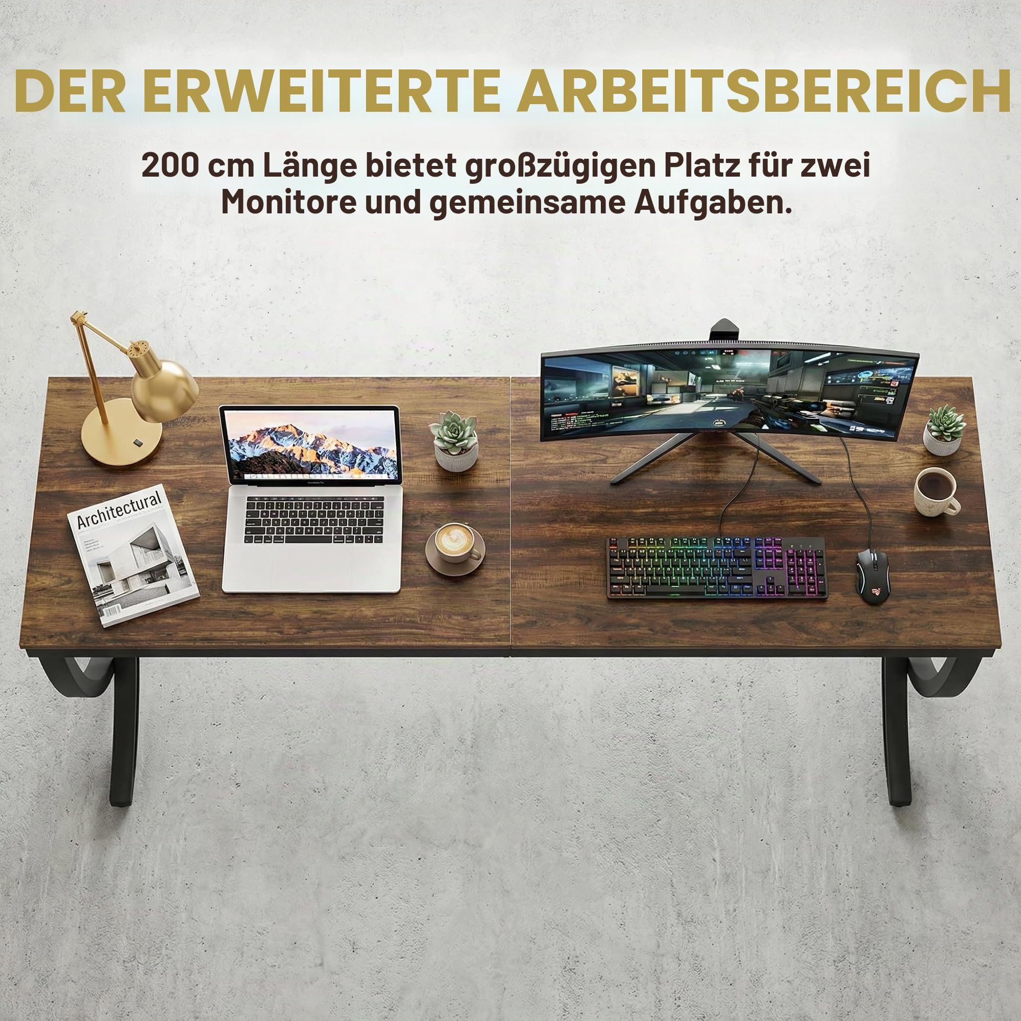 LITTLE TREE Computertisch für 2 Personen, extra lang, Chefschreibtisch, großer Bürotisch für Zwei Personen, Doppel-Schreibtisch aus Holz, Arbeitszimmer für Zuhause, Schwarz und rustikales Braun