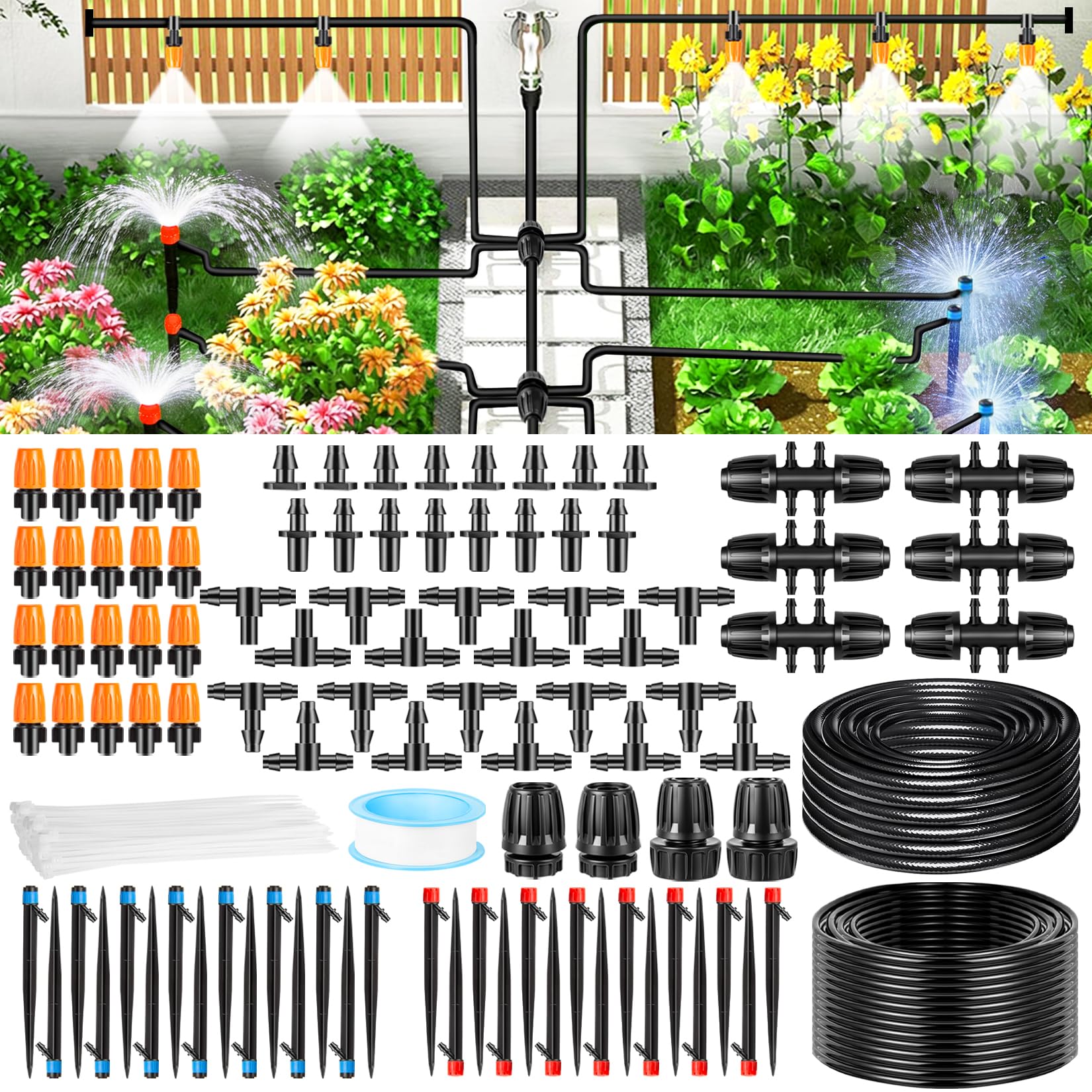 Kit de sistema de riego por goteo de 250 pies, kit de riego automático por goteo con manguera de 1/2 pulgada, tubo de distribución de 1/4 pulgadas y accesorios para invernadero, patio, césped
