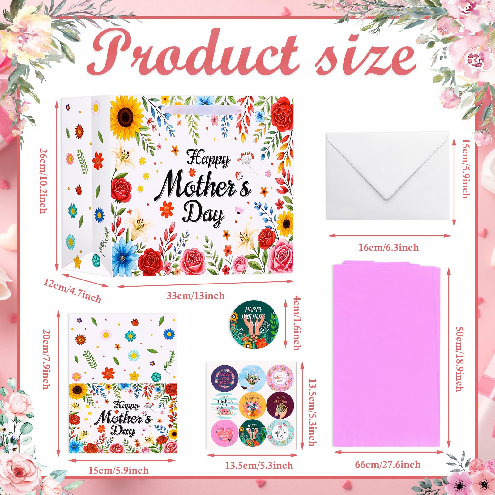 Konsait Happy Mothers Day Gift Bags Set with Tissue Paper, Greeting Card, Envelope & Stickers, Large Favor Bags for Mom Birthday & Gift Wrapping Supplies