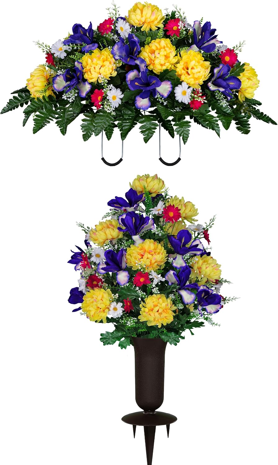 Purple Iris, Yellow Mums & Daisies - 36 Flowers in Bouquet - Sympathy Silks Flowers For Cemeteries - Cemetery Flowers for Grave - Mothers Day Spring Summer Arrangement