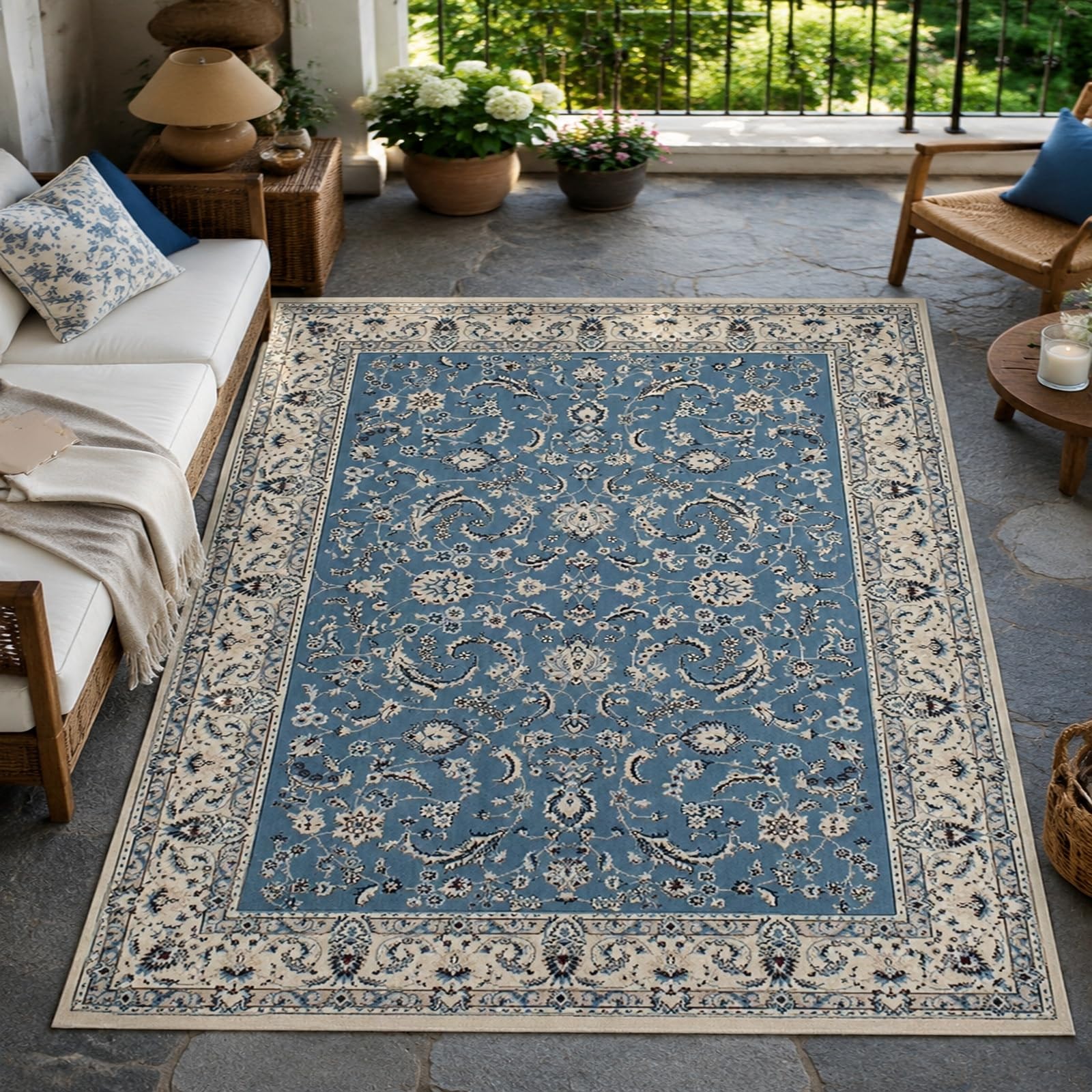 Grand tapis de salon rectangulaire 200 x 300 cm bleu et blanc motif floral oriental