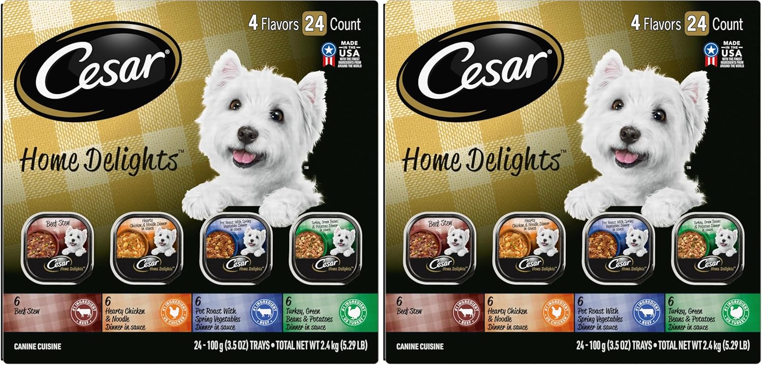 Cesar Home Delights Adult Wet Dog Food,Pot Roast with Spring Vegetables,Beef Stew,Turkey,Green Beans,& Potatoes,and Hearty Chicken & Noodle Dinner in Sauce Variety Pack,3.5 oz.,24 Count (Pack of 2)