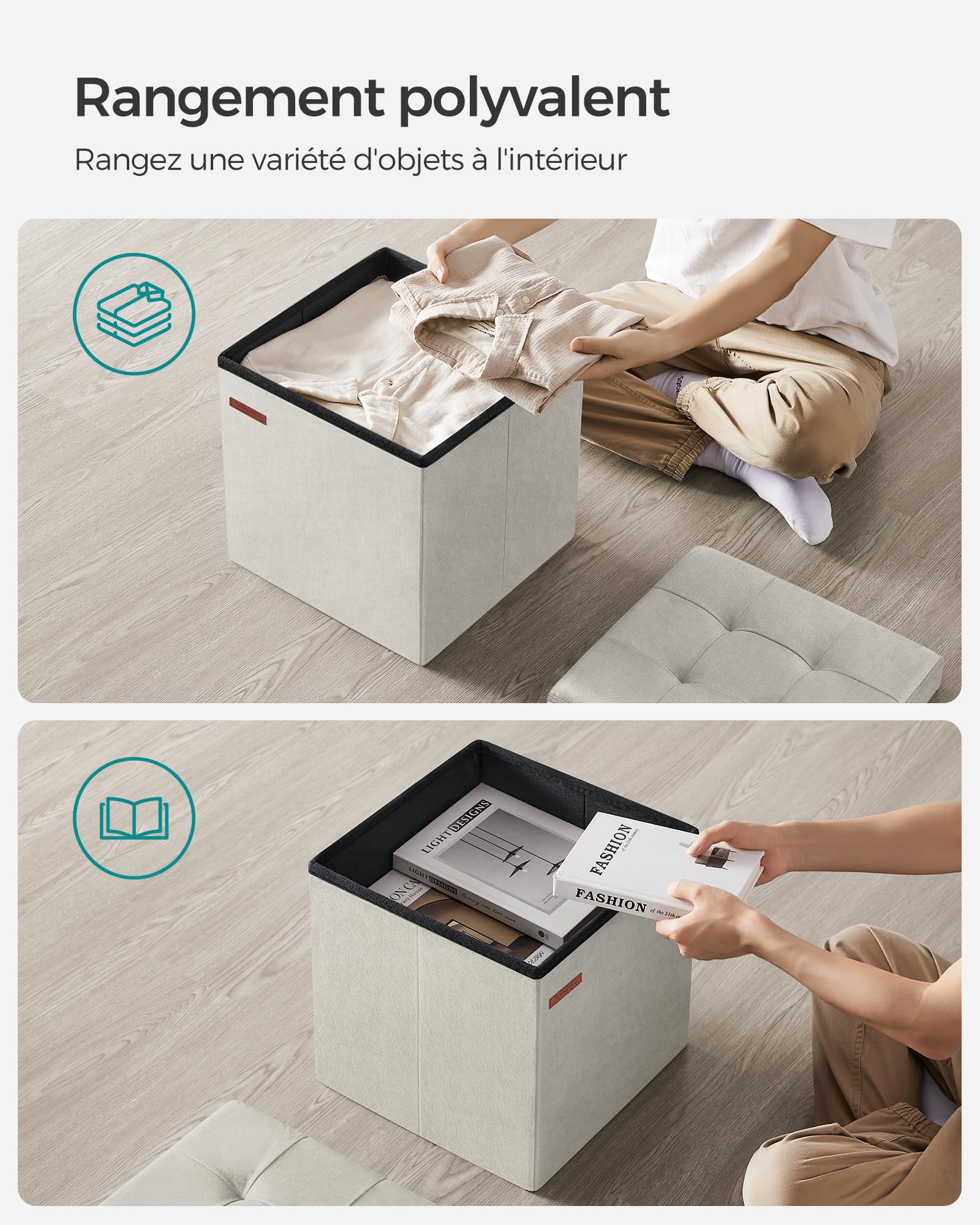 SONGMICS Tabouret de Rangement, Petit Pouf Pliable, 38 x 38 cm, Repose-Pieds Cubique avec Rangement, Charge jusqu'à 300 kg, pour Salon, Chambre, Dortoir, Blanc Crème LSF227W01