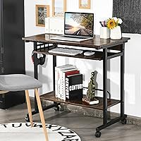 Vista 6 de Escritorio para computadora, mesa de estudio, escritorio de PC marrón rústico, carrito extraíble para laptop, estación de trabajo con bandeja